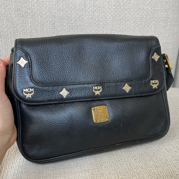 Vintage MCM Leather Crossbody Messenger Shoulder Sling Bag Purse Black Studded - Picture 4 of 16